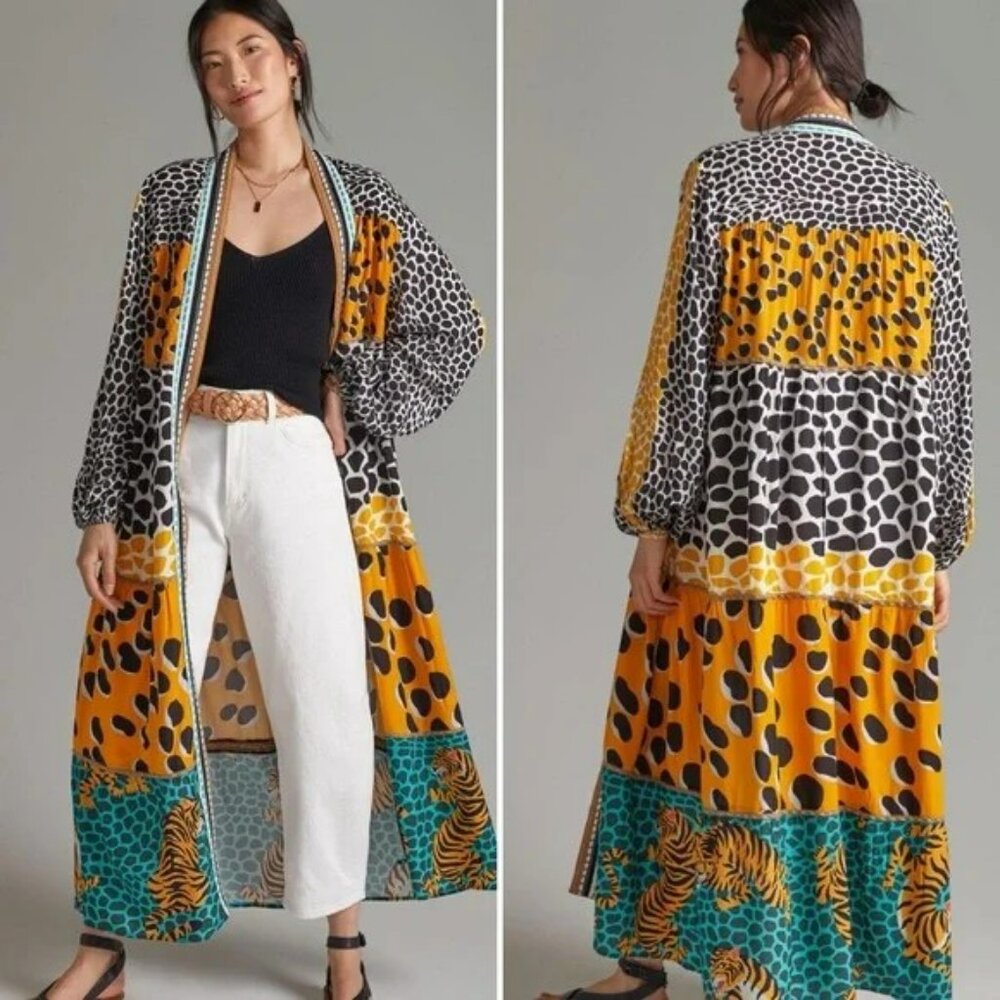 Anthropologie Conditions Apply Animal Print Kimono Duster Embroidered Stitching